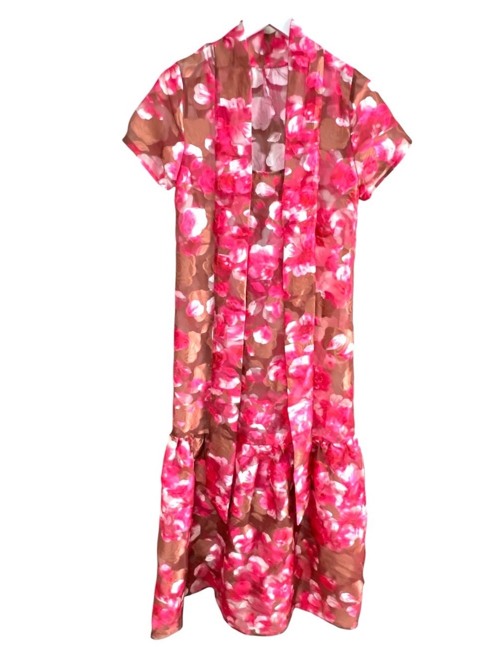 Sugarlips Mersin Floral Dime Organza Mockneck Sheer Maxi Dress, Pink & Brown XS